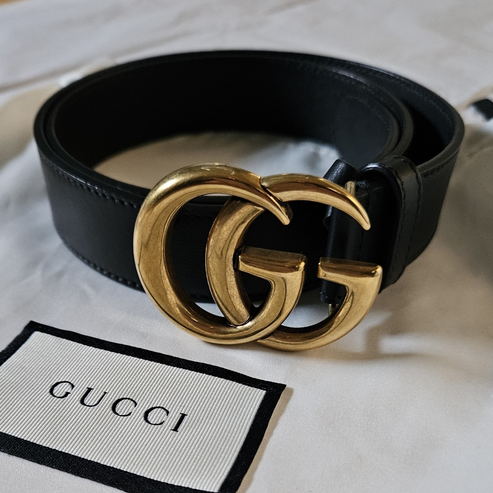 Gucci Marmont Black Leather Belt with Gold GG Buckle